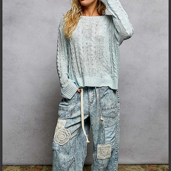 POL Light Powder Blue Cable Knit Sweater with Beaded Embellishments. - Picture 2 of 6